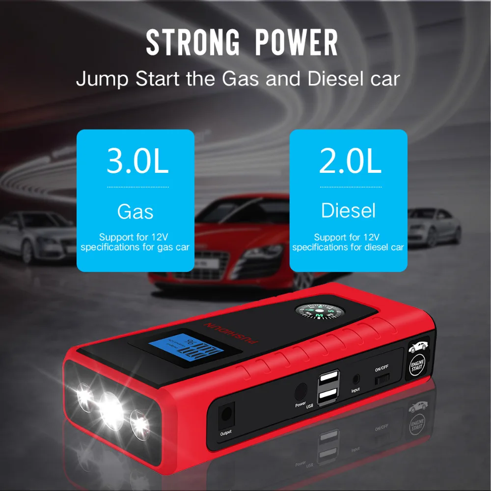 60000mAh Портативный автомобиля Батарея скачок стартер 600A пик с компасом ЖК дисплей