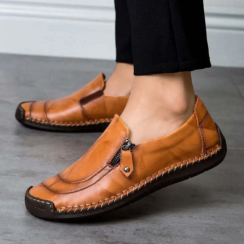 

2019 Handmade Loafers Boat Shoes For Men Genuine Leather Fashion Brown Men's Casual Shoes Slip On Plus Size 48 Zapatos Hombre