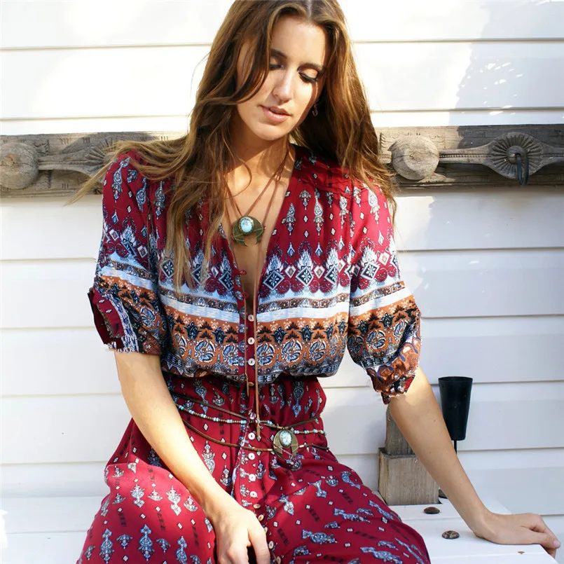 Женское летнее богемное Платье-туника Boho длинное Пляжное Платье макси с