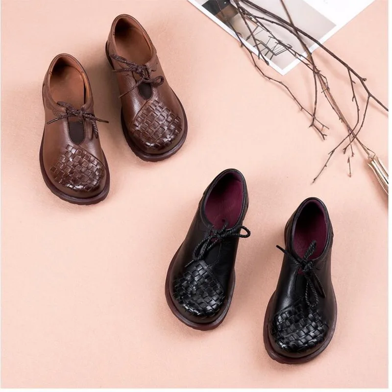RUSHIMAN Women Genuine Leather Flat Shoes Lace-Up Moccasins Mother Soft Ladies Shoes hand-woven Flats Black Fashion Casual Women
