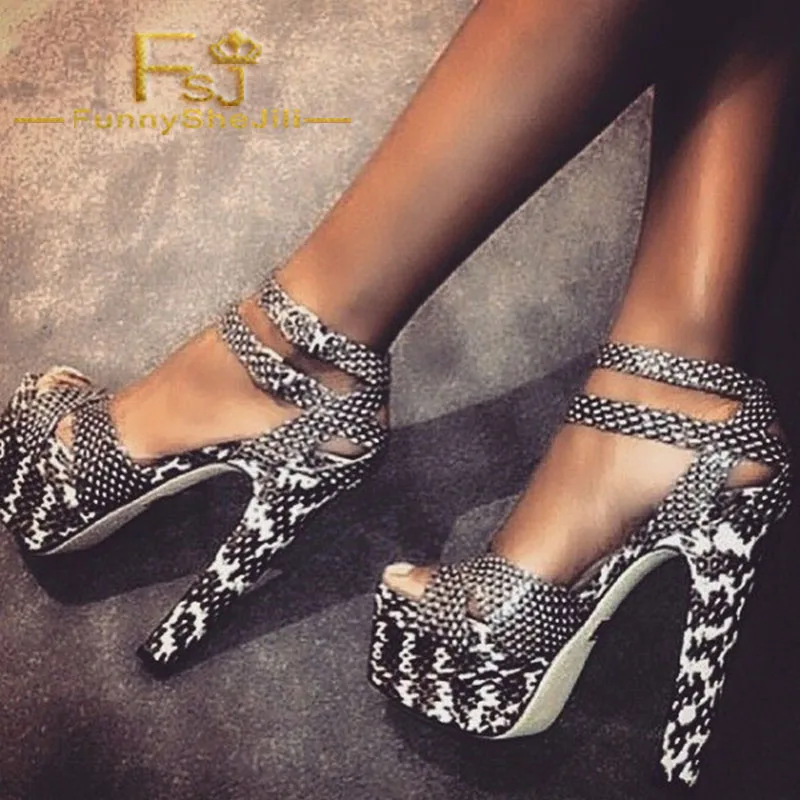 

Black Python Chunky Heel Ankle Strap Platform Sandals Women Shoes Attractive Noble Generous Incomparable Elegant FSJ Sexy