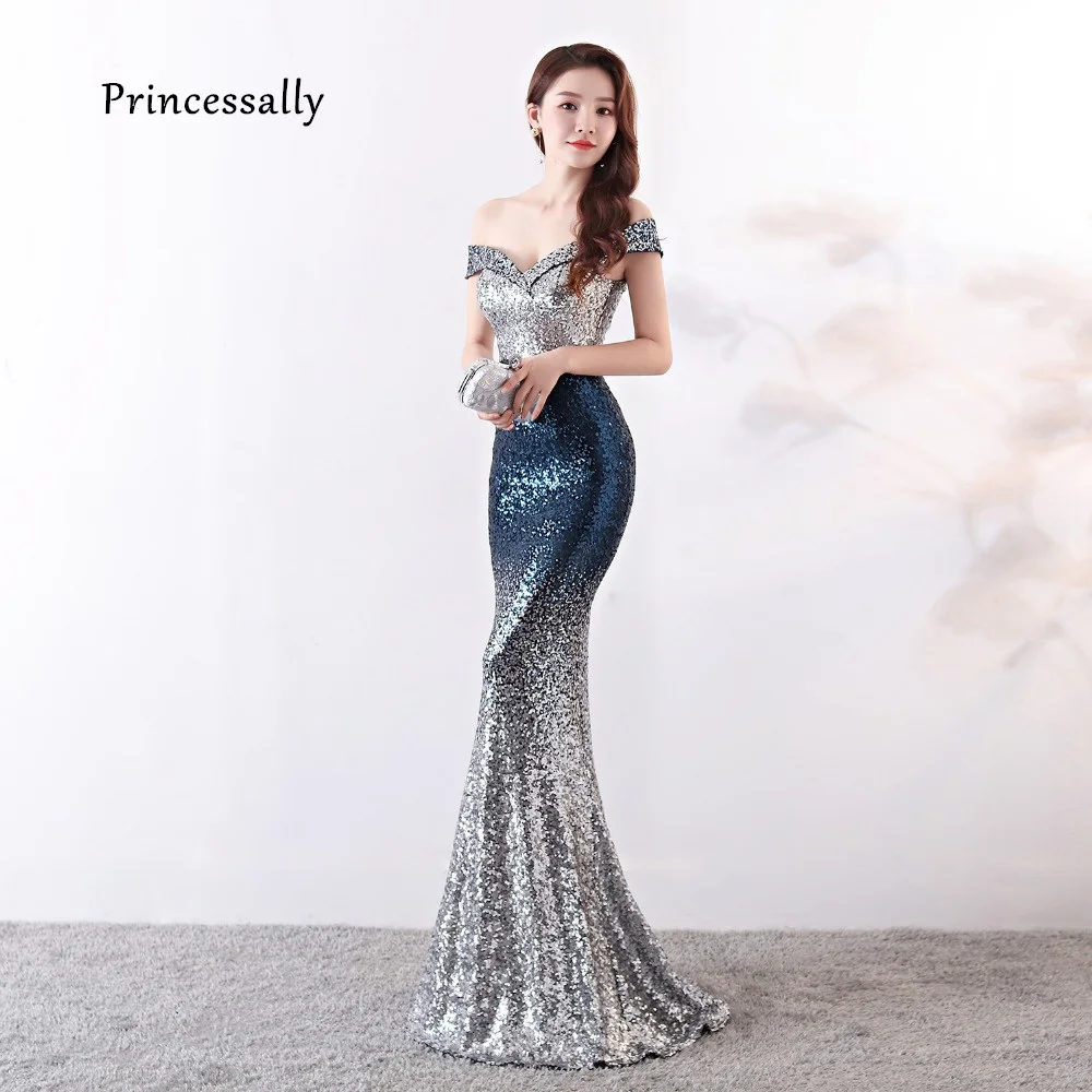 Женское вечернее платье русалка синее с блестками v образным вырезом и открытыми