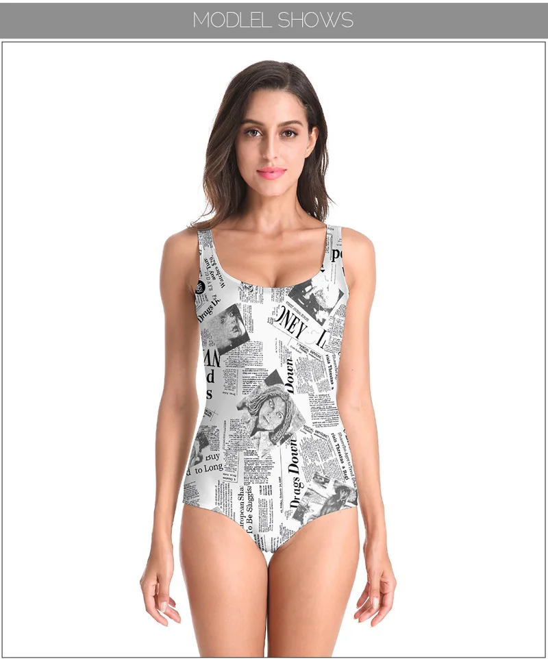 Женское бикини с принтом в виде газет Пляжное праздничное сексуальное цельное 3D