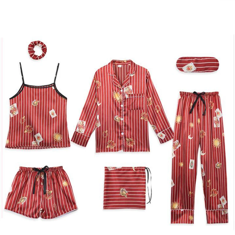 Пижамный комплект из 7 предметов для сна пикантная шелковая атласная одежда