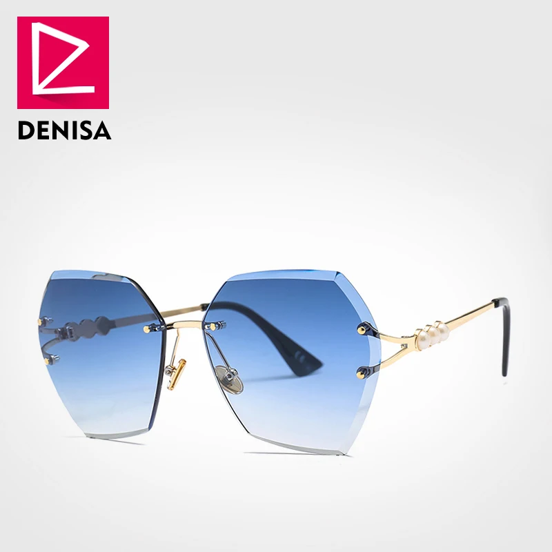 Blue Sunglasses DENISA, квадратные солнцезащитные очки без оправы с жемчугом, Ретро стиль, женские брендовые дизайнерские трендовые градиентные многоугольные солнцезащитные очки, женские UV400 G23023 - Цвет линз: Blue Sunglasses