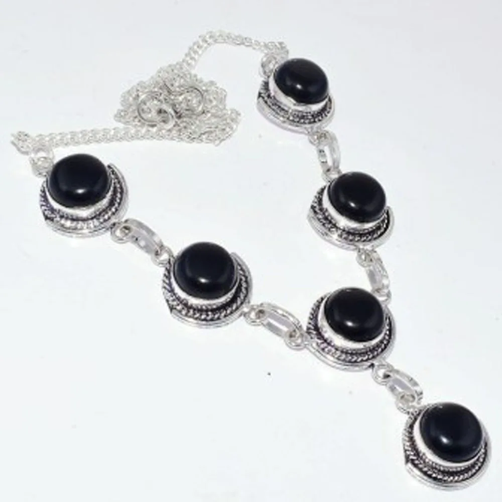 

Black Onyx Necklace Silver Overlay over Copper, 49cm , N3242