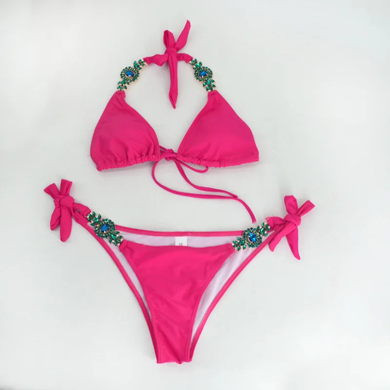 Diamond Bandage Bikini Crystal Swimsuit Bather Monokini Push Up Swimwear Women Green Yellow Brazilian Rhinestone 2019 |