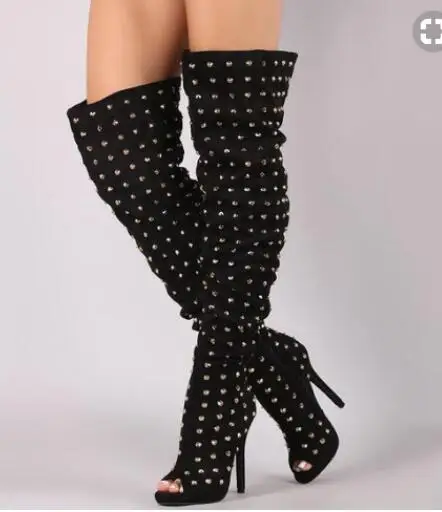 

Hot Sexy fashion Black Flock Over-the-Knee Shoes Peep Toe Thin Heels Women's Shoes Rivet Bige Size Free Shipping Women' Boots