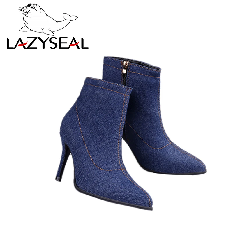 LazySeal джинсовые сапоги на шпильке женская обувь с круглым носком Zapato Mujer молнии