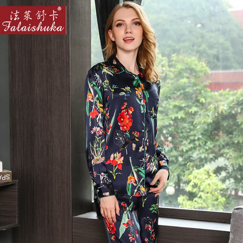 Woment Sexy Silk Stain Pajama Set Two Piece 100% Silk Pajamas Sets Sleeping Wear Flower Nightwear pijama feminino Sleepwear Set