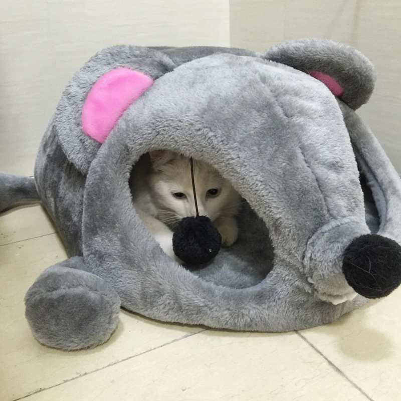 

Cat Bed Grey Mouse Shape Small Cats Dogs Cave Bed Removable Cushion,waterproof Bottom House Gift For Pet Fiber