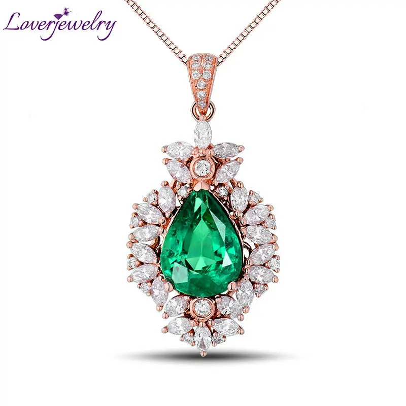 

LOVERJEWELRY Pendants Necklace Gold Without Chain Solid 18Kt Rose Gold Natural Emerald Diamond Pendant for Women Wedding Jewelry
