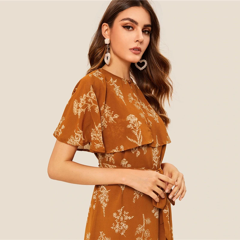 Sheinside повседневное женское платье с откидным передом и рукавами-крылышками летнее платье с высокой талией и поясом женское прямое платье в стиле бохо