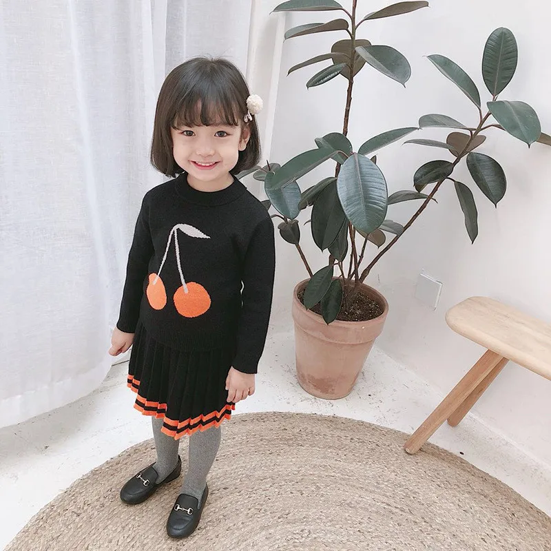 Вязаный пуловер с вишневым принтом для девочек от 2 до 6 лет свитер плиссированной