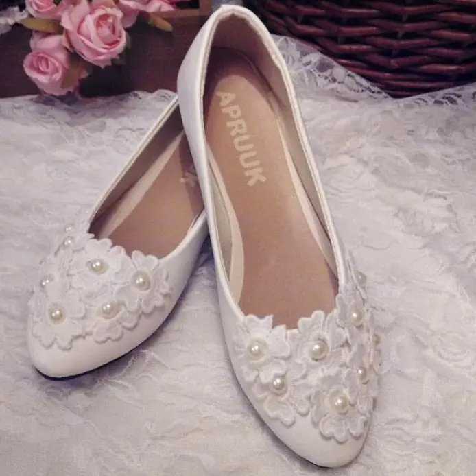 

Flats wedding shoes woman lace flowers ivory pearls brides bridal wedding flats shoes lady flower girl party proms dress shoe