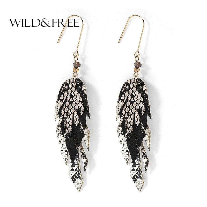 

Vintage Brown Black Leather Long Dangle Earrings For Women Gold Color Hoop Serpentine Layered Feather Pendant Drop Earring