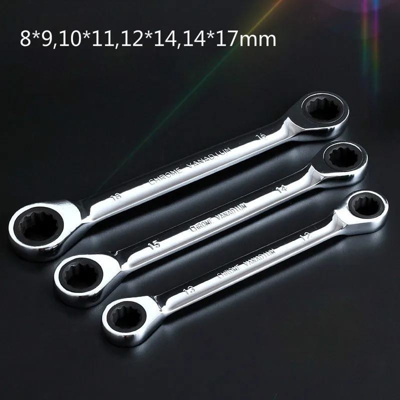 

8*9,10*11,12*14,14*17mm One-way Double Headed Ratchet Wrench Set CR-V 72 Teech Universal Ratchet Spanner Hand Tools for Car