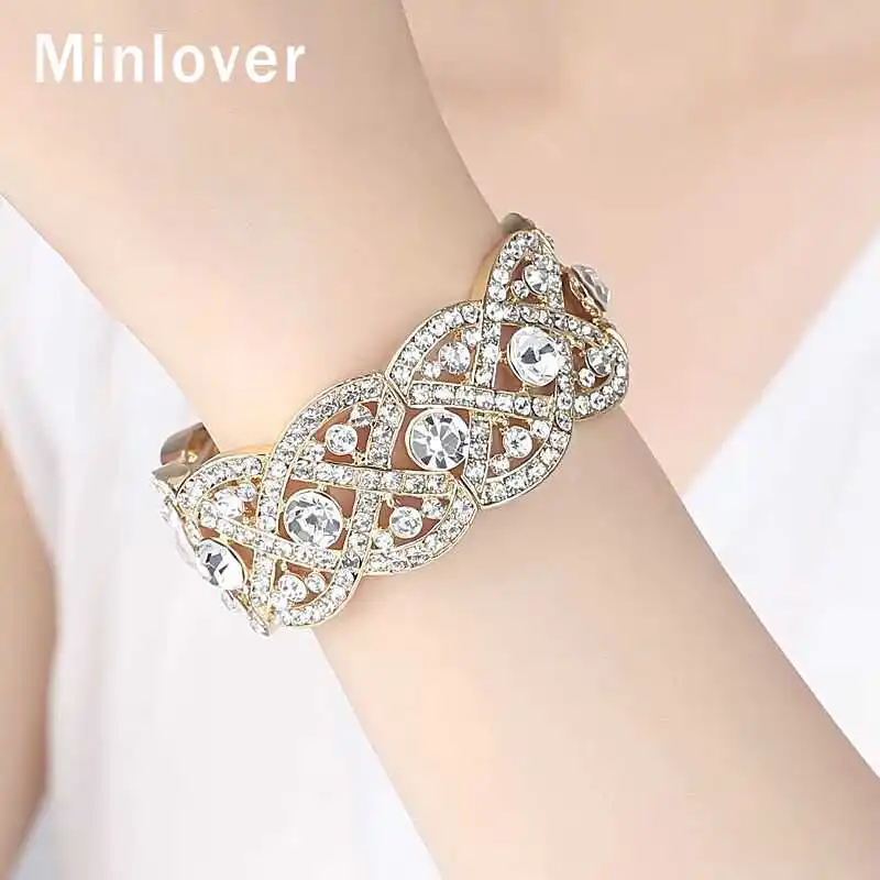 Minlover Gold Color Crystal Big Bangles for Women Luxury Flower Rhinestone Bridal Bracelet Wedding Jewelry Accessories SL053