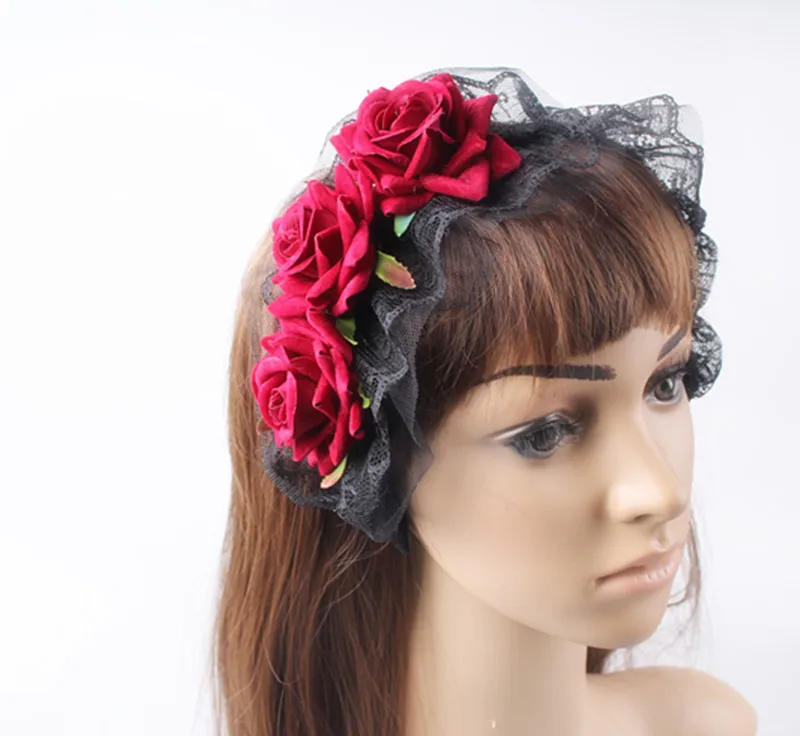 

Cosplay Party Hair Accessories Rose with Black Lace Hairbands Wedding Party Headwear Occasion Hairstyle High Quality 6 Color