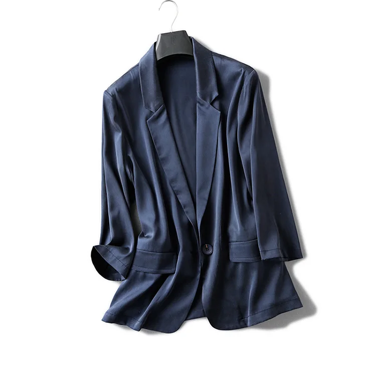 

Women Blazer Silk 2018 New Fashion High Quality Designer One Button Coat Female Black Outerwear Air Conditioner Shirt