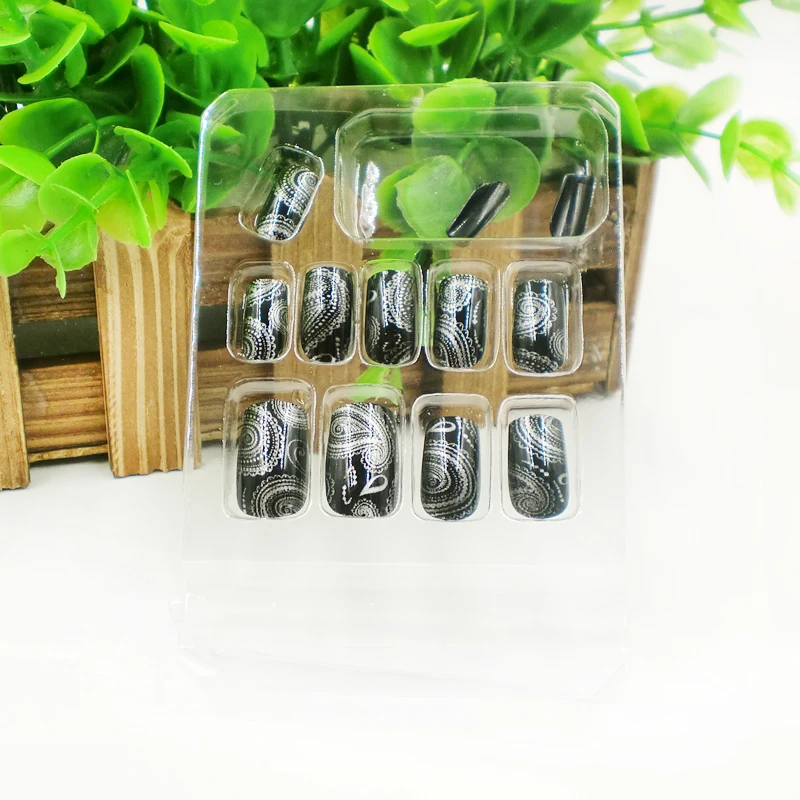 Высокое качество 12 шт. черный серебристый цвет Накладные ногти с клеем Длинные