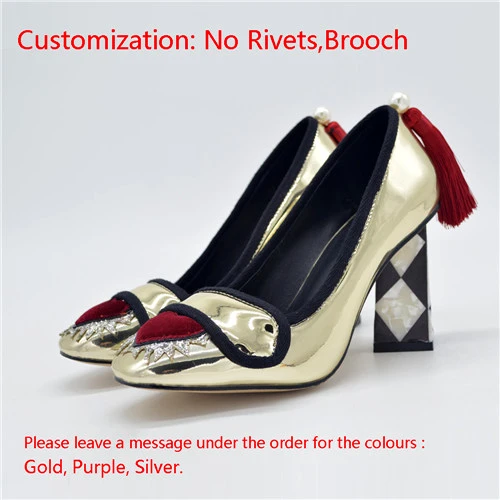 Custom not Rivet Женские туфли-лодочки женские Вечерние туфли на каблуке 9 см свадебные пикантные туфли из натуральной кожи на квадратном каблуке с жемчугом и кисточками; сезон весна; цвет золотистый, серебристый, фиолетовый; YT05 muyisxi - Цвет: Custom not Rivet