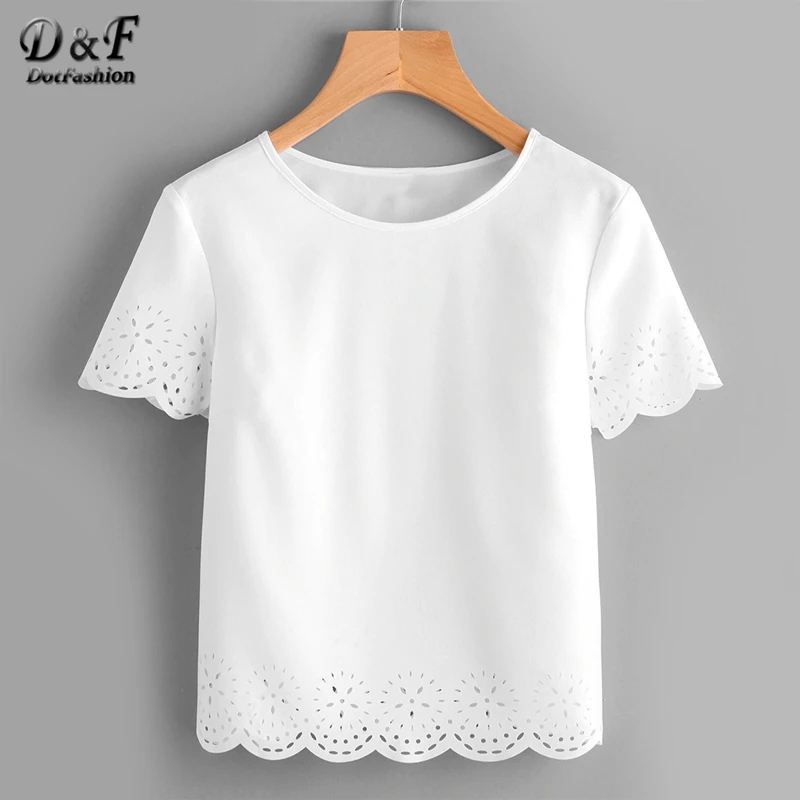 Dotfashion/Женские топы и блузки белого цвета с лазерной обработкой и волнистым подолом, элегантный летний Повседневный Топ с коротким рукавом в Корейском стиле