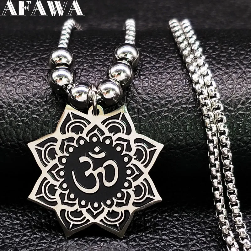 Lotus Stainless Steel OM Symbol Hindu Buddhist Necklace for Women Silver Color Bead Long Necklace Jewelry bisuteria N725S02