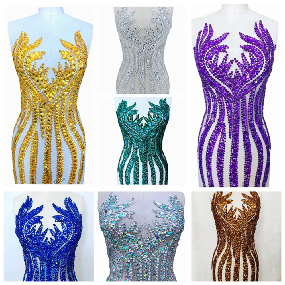 

8 colour Handmade rhinestones applique on mesh sew on gem stone l trim patches for dress accessory 64*31cm
