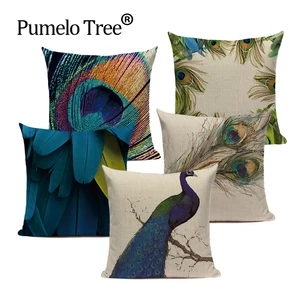 Бархат синий павлин диванные подушки домашний декор простой стиль льняной квадратный диван кровать автомобиль печать наволочки Чехлы на заказ