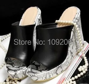 Summer 2014 fashion casual shoes comfortable slope sandals head layer cowhide snakeskin stria peep toe heels | Обувь