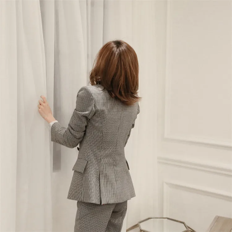 

2018 autumn new fashion women pants suits slim work wear office ladies long sleeve lattice blazer pants set costumes for women