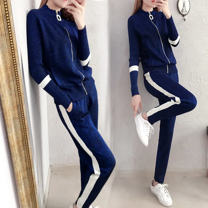 Fashion knit sweater casual suit spring and autumn new women's Korean fashion Slim sweater pants two sets