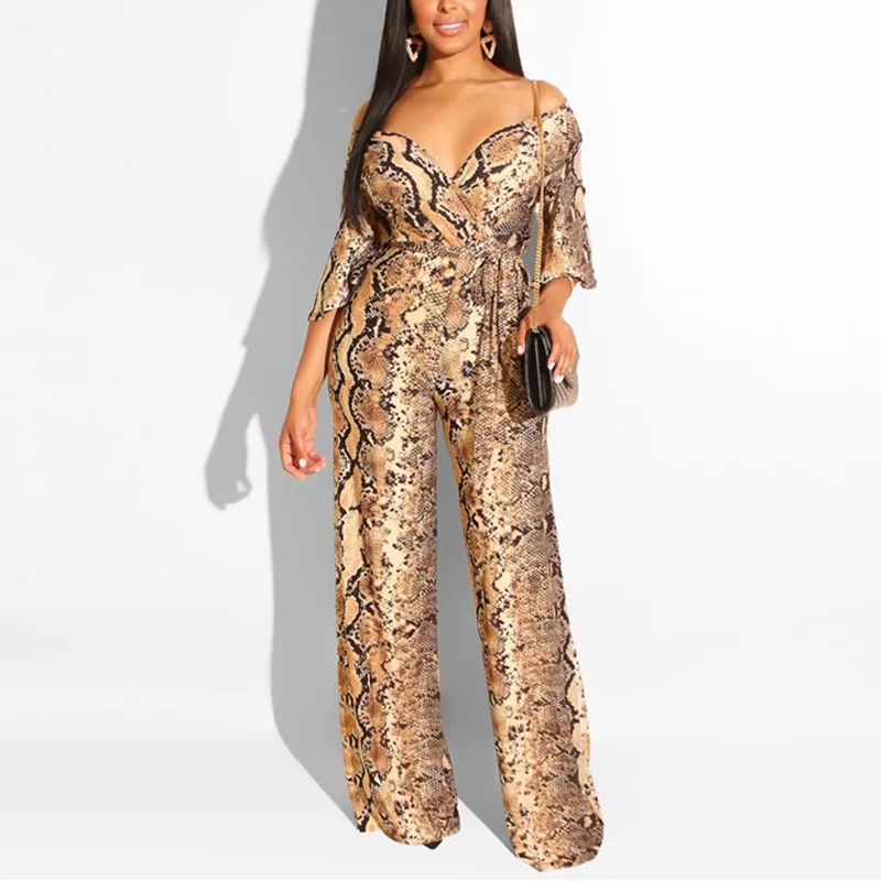 Женский Повседневный комбинезон со змеиным принтом длиной до пола на шнуровке