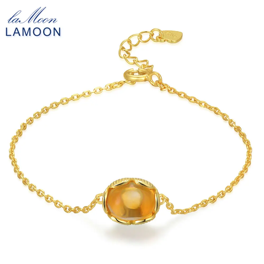 

LAMOON 7x8mm 100% Natural Oval Citrine 925 Sterling Silver Jewelry Chain Charm Bracelet S925 LMHI046