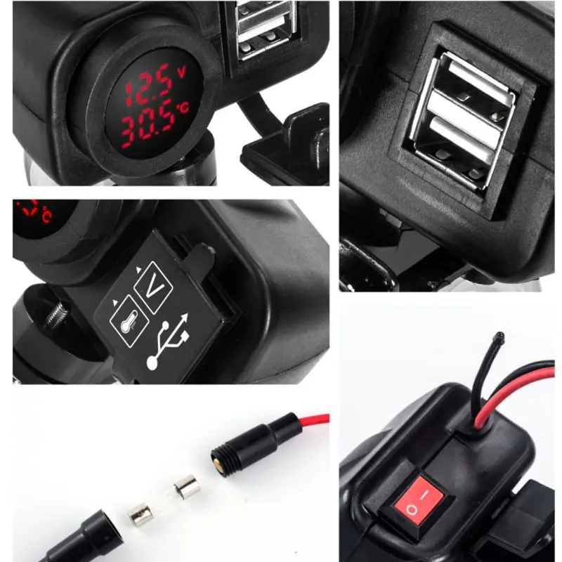 Мотоцикл двойной USB зарядное устройство Вольтметр термометр гнездо для сотовых