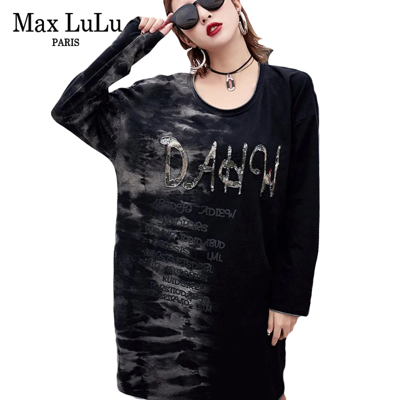 Max LuLu Роскошные брендовые камуфляжные футболки Harajuku для девочек, женская черная длинная футболка с блестками, Женская 3d футболка большого размера