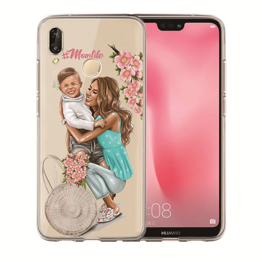 For Huawei Mate 20 Pro X P20 P10 Plus P8 P9 Lite 2017 PSmart Coque Etui Luxury Black Brown Hair Baby Mom Girl Princess Case |