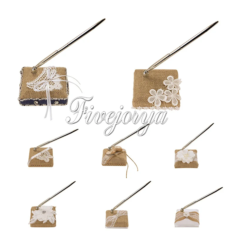 Свадебный набор из натуральной мешковины и ручки с кружевным бантом для ручной