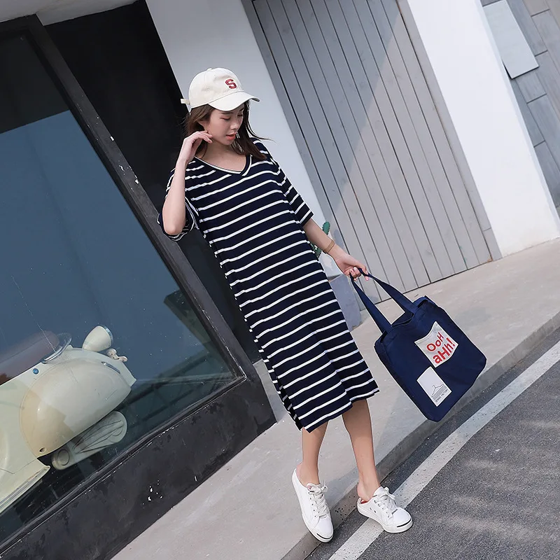 New plus-size dress summer version of loose splicing stripe Short sleeve pregnant woman's long Dress | Женская одежда