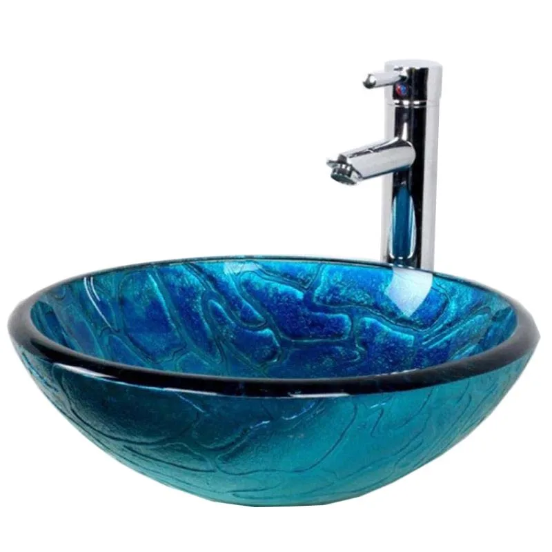 sink with faucet Стекло умывальник Санузел простой и модный различные Ванная комната бассейнов закаленное стекло раковина синий цвет LO629333 - Цвет: sink with faucet