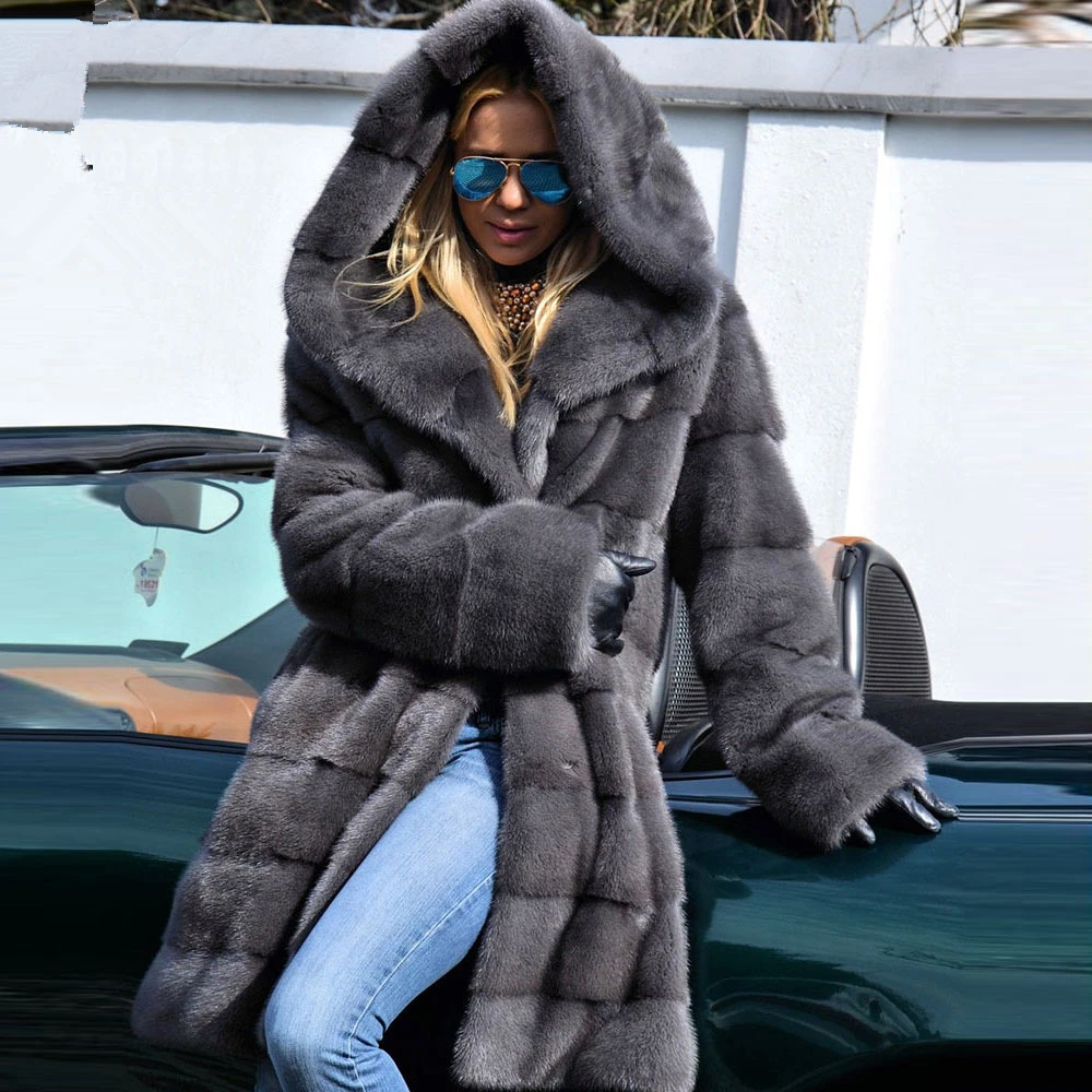 TOPFUR Fashion Dark Gray Coat With Fur Hood Real Fur Coat Women Winter Natural Mink Fur Coat Medium Long Standard Clothing