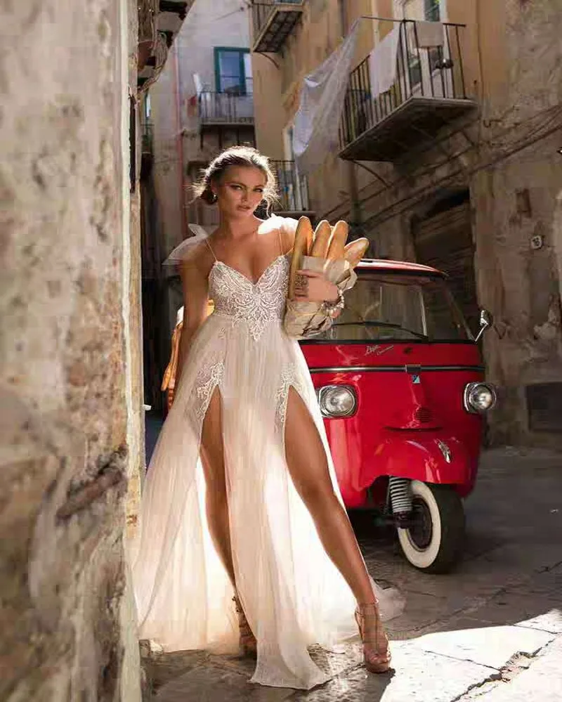 Vestido De Noiva сексуальное прозрачное кружевное богемное пляжное свадебное платье с открытой спиной и бантом, Тюлевое кружевное свадебное платье с разрезом спереди
