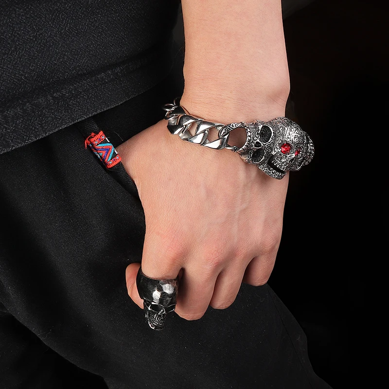 KLDY череп браслет для мужчин Байкер нержавеющая сталь красный камень глаза панк