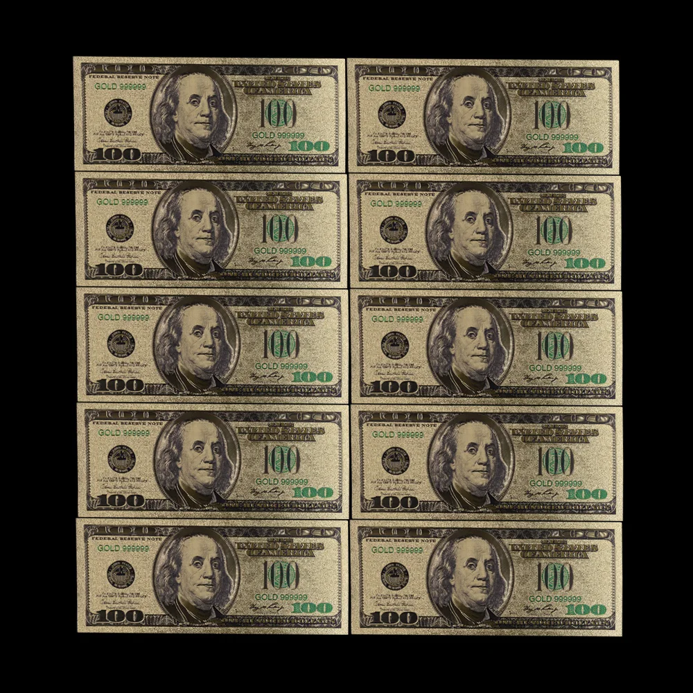 

10pcs US Gold Banknote 100 Dollar Money In 24K Gold Plate Banknotes Collection and Fake Currency Paper Gifts