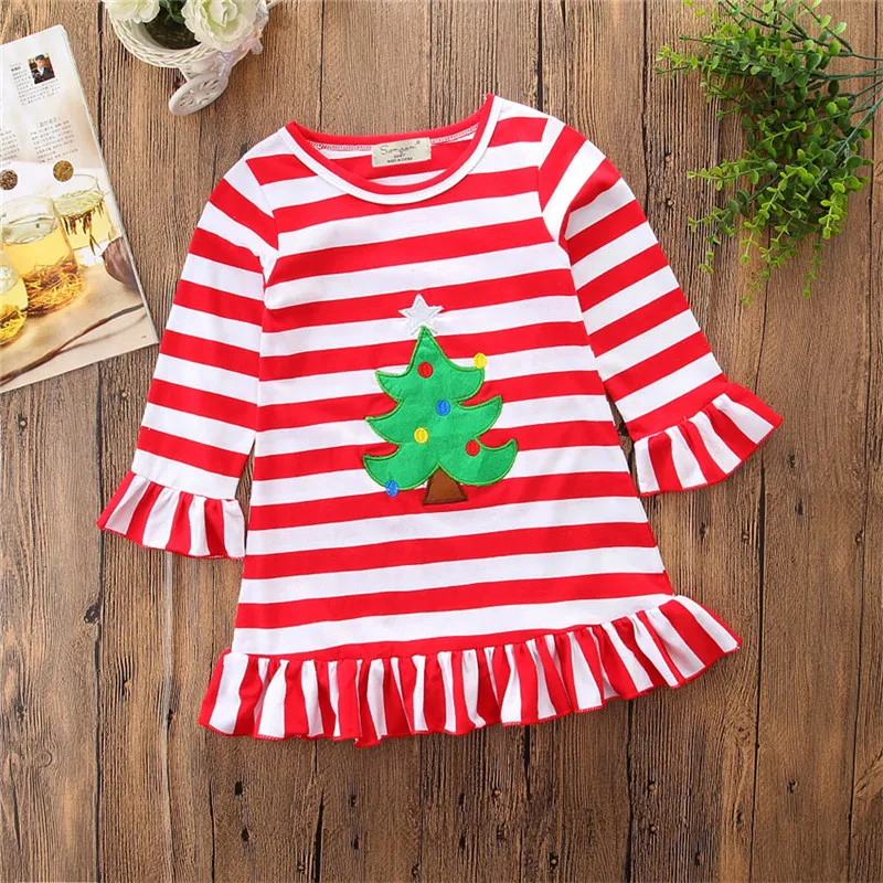 Christmas Toddler Kids Baby Girls Striped Dress Long Sleeve Dresses Clothes 1-6T pudcoco xmas Princess | Детская одежда и обувь