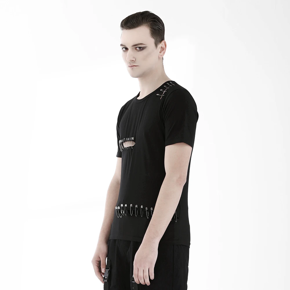 

Punk Men's Black Short T-shirt Metal Pins Decoration Holes Fashion Male's Tops Personality Wearing
