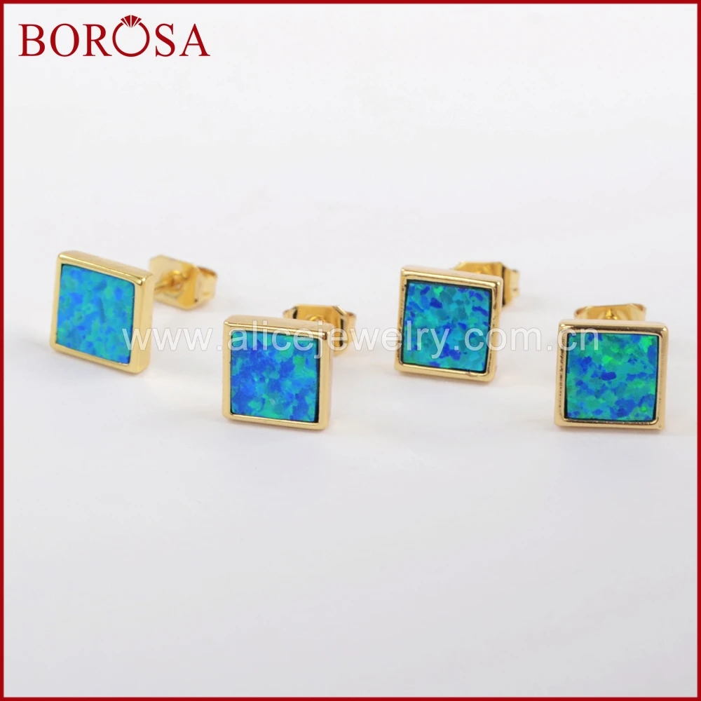 BOROSA 2018 New Collection Earrings! Gold Color Bezel Square Blue Opal Stud Earrings for Women Party Druzy Jewelry Gems ZG0225 | Украшения