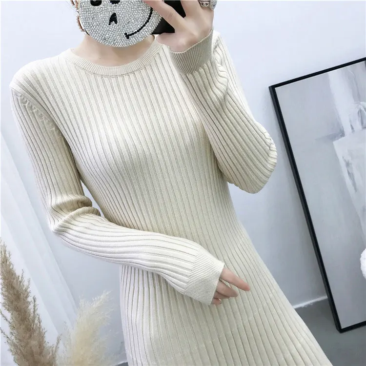 2019 Новое Осеннее женское трикотажное однотонное платье с круглым вырезом тонкий