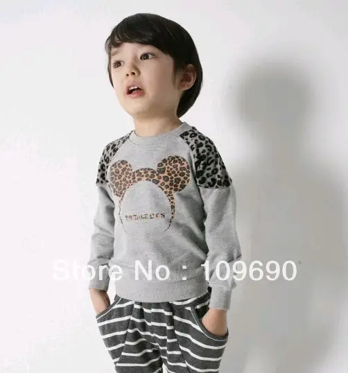 Good News!Free shipping ! Brown mickey mouse head pattern handsomely beautiful kids long sleeve tshirt 5pcs/lot | Мать и ребенок